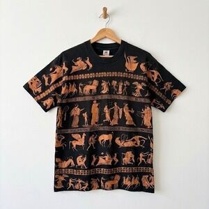Vintage 90s Fruit of the Loom Greek Mythology All Over Print T-Shirt Large Black